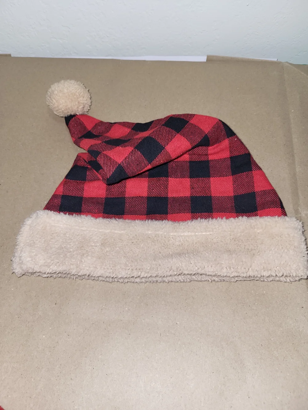 Plaid Red and Black Kids Santa Hat with Cream Trim